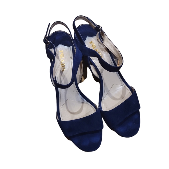 Authentic Prada blue suede sandals with wedge platform and ankle strap - Picture 5 of 11